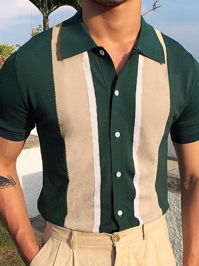 Men's Knit Polo Sweater Polo Shirt Outdoor Street Turndown Button Short Sleeve Casual Striped Button Front Summer Spring Fall Regular Fit Black White Ivory Blue Green Black White Knit Polo Sweater