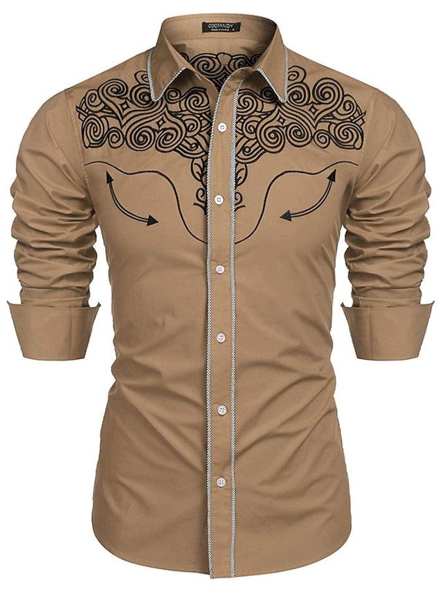 Men's Button Up Shirt Dress Shirt Collared Shirt White Blue Khaki Long Sleeve Floral Turndown Spring Fall Wedding Outdoor Clothing Apparel Embroidered