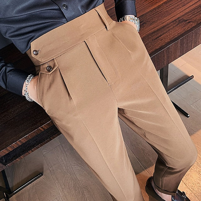Men's Dress Pants Trousers Pleated Pants Suit Pants Pocket High Rise Plain Comfort Office Work Business Vintage Elegant Black White High Waist Micro-elastic