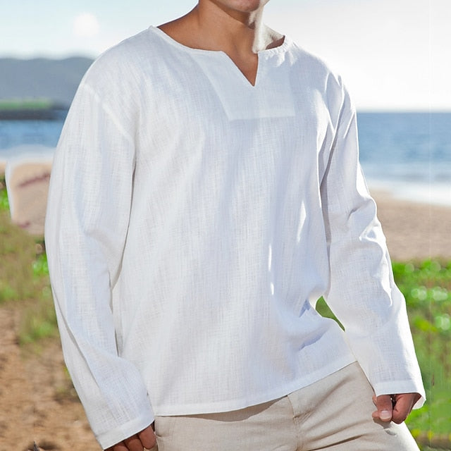 Men's Summer Shirt Beach Shirt Black White Red Long Sleeve Plain V Neck Spring & Summer Hawaiian Holiday Clothing Apparel