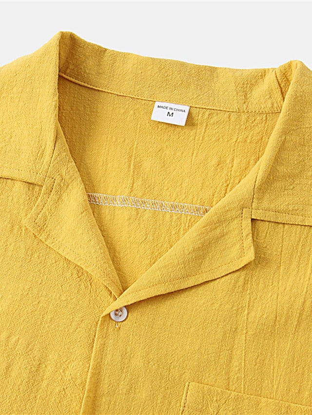 Men's Linen Shirt Shirt Summer Shirt Beach Shirt Black White Yellow Short Sleeve Solid Color Turndown Spring & Summer Casual Daily Clothing Apparel Button-Down