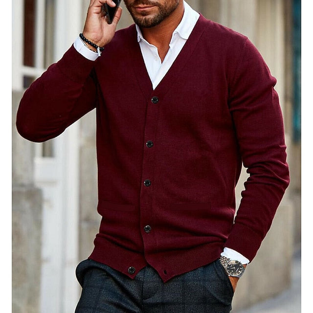 Men's Sweater Cardigan Sweater Ribbed Knit Cropped Knitted V Neck Clothing Apparel Fall Winter Black Wine S M L