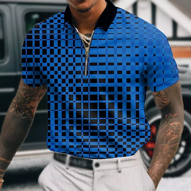 Men's Zip Polo Lapel Polo Polo Shirt Golf Shirt Graphic Prints Geometry Turndown Lake blue White Red Blue Sky Blue Outdoor Street Short Sleeves Zipper Print Clothing Apparel Fashion Designer Casual