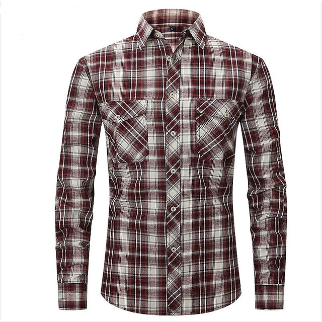 Men's Flannel Shirt Shirt Jacket Shacket Wine Dark Green Orange Long Sleeve Plaid / Check Turndown Fall & Winter Street Daily Clothing Apparel Button-Down