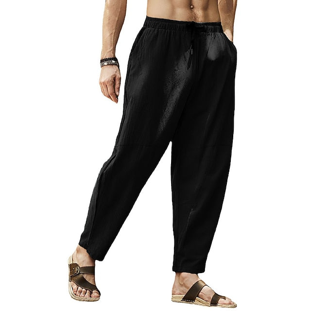 Men's Linen Pants Summer Pants Pocket Drawstring Plain Casual Daily Yoga Cotton Blend Basic Classic Black White