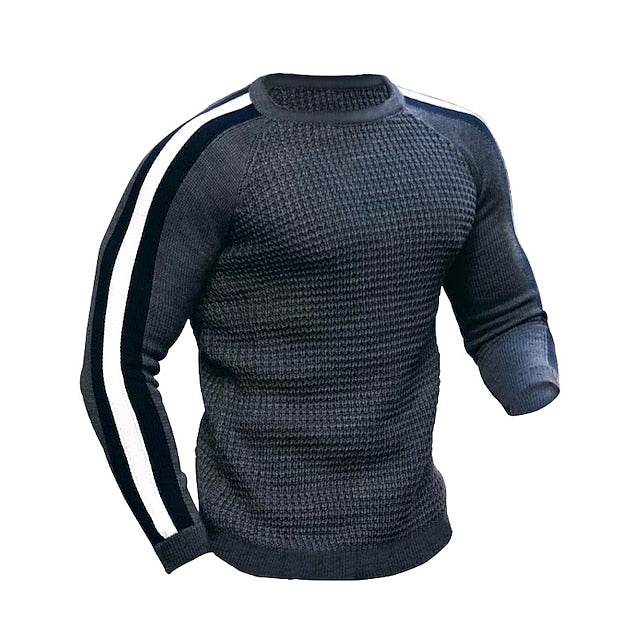 Men's Sweater Pullover Sweater Jumper Waffle Knit Cropped Knitted Stripe Crewneck Keep Warm Causal Clothing Apparel Fall & Winter Black Khaki S M L