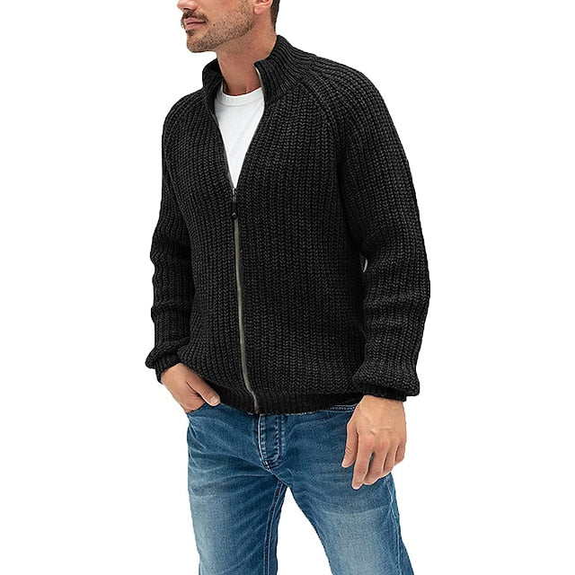 Men's Sweater Cardigan Zip Sweater Sweater Jacket Knit Knitted Stand Collar Clothing Apparel Winter Fall Black White M L XL