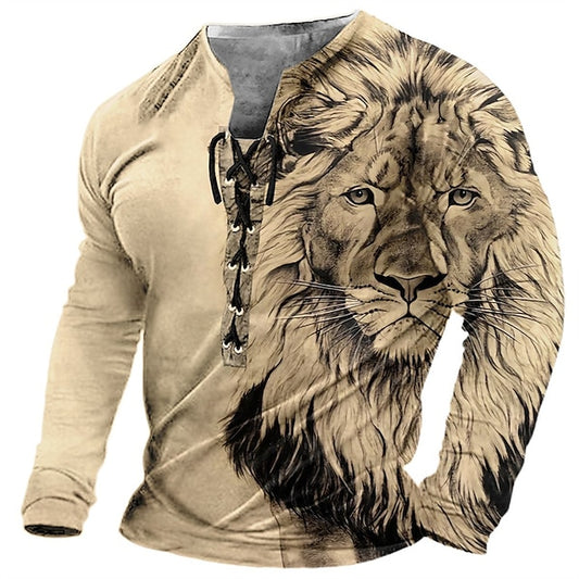 Men's T shirt Tee Tee Graphic Lion Collar Clothing Apparel 3D Print Casual Daily Long Sleeve Lace up Print Fashion Designer Stylish Vintage