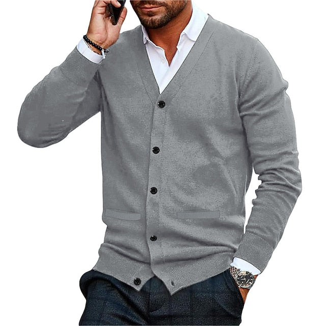 Men's Sweater Cardigan Sweater Ribbed Knit Cropped Knitted V Neck Clothing Apparel Fall Winter Black Wine S M L