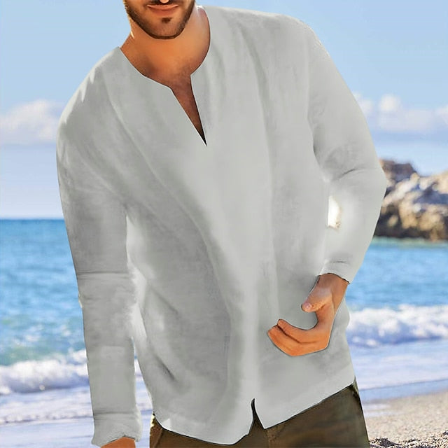 Men's Shirt Linen Shirt Summer Shirt Beach Shirt Light Blue Black White Long Sleeve Solid Color Collar Summer Spring Street Hawaiian Clothing Apparel