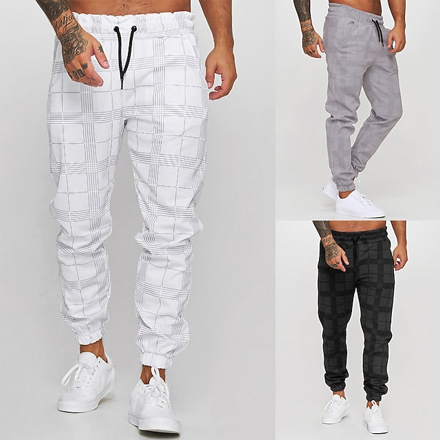 Men's Joggers Trousers Casual Pants Plaid Drawstring Trousers Elastic Waist Print Plaid Geometry Outdoor Sports Full Length Formal Sports Outdoor Streetwear Casual Black White Micro-elastic