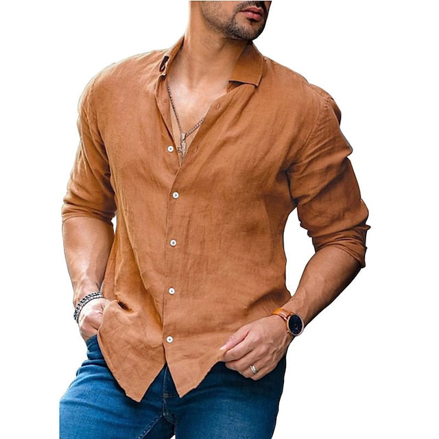 Men's Linen Shirt Shirt Summer Shirt Beach Shirt White Brown Light Blue Long Sleeve Plain Turndown Summer Spring Outdoor Street Clothing Apparel Button-Down