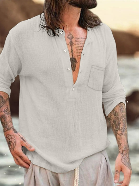 Men's Linen Shirt Summer Shirt Beach Shirt Black White Wine Long Sleeve Plain Henley Spring &  Fall Street Hawaiian Clothing Apparel