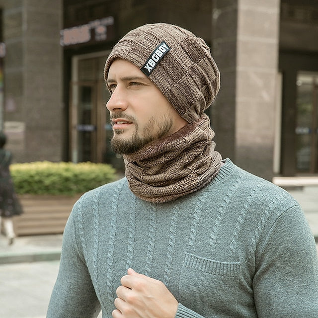 Men's Beanie Hat and Scarf Set Black Wine Knitted Solid / Plain Color Casual / Daily