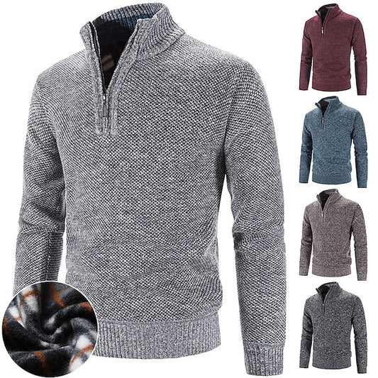 Men's Pullover Sweater Jumper Fleece Sweater Ribbed Knit Regular Knitted Solid Color Standing Collar Keep Warm Modern Contemporary Work Daily Wear Clothing Apparel Spring &  Fall Blue Light Grey M L