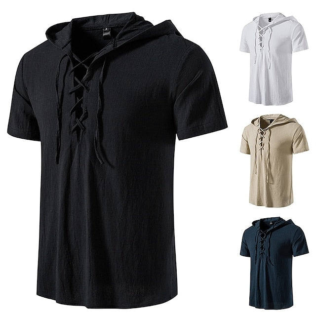 Men's Summer Shirt Beach Shirt Black White Navy Blue Short Sleeve Plain Hooded Summer Spring Outdoor Street Clothing Apparel Lace up