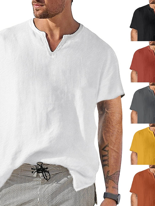 Men's Linen Shirt Summer Shirt Black White Yellow Short Sleeve Plain V Neck Spring & Summer Hawaiian Holiday Clothing Apparel