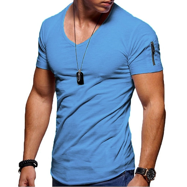 Men's T shirt Tee Tee Plain V Neck Normal Short Sleeve Zipper Clothing Apparel Muscle Esencial