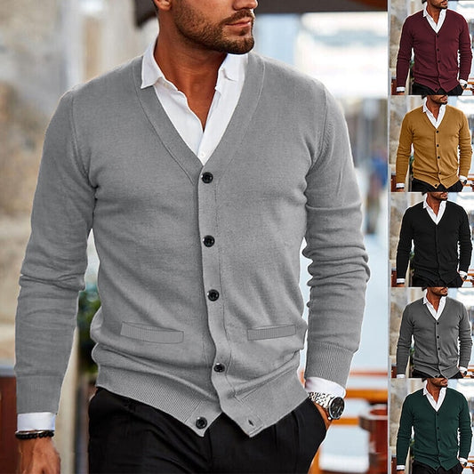 Men's Sweater Cardigan Sweater Ribbed Knit Cropped Knitted V Neck Clothing Apparel Fall Winter Black Wine S M L