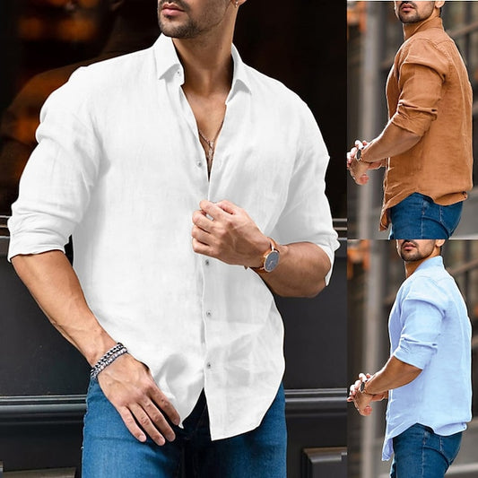 Men's Linen Shirt Shirt Summer Shirt Beach Shirt White Brown Light Blue Long Sleeve Plain Turndown Summer Spring Outdoor Street Clothing Apparel Button-Down