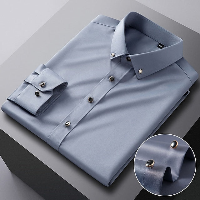 Men's Dress Shirt Button Down Shirt Silk Shirt Azure Lake blue Wine Long Sleeve Solid / Plain Color Turndown Spring &  Fall Wedding Daily Wear Clothing Apparel Sexy