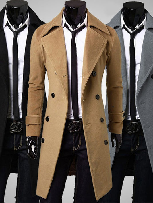 Men's Winter Coat Overcoat Peacoat Trench Coat Formal Business Winter Polyester Warm Outerwear Clothing Apparel Coats / Jackets Solid Color Vintage Style Notch lapel collar