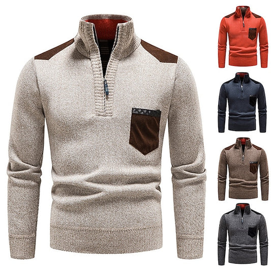 Men's Pullover Sweater Jumper Fleece Sweater Ribbed Knit Zipper Knitted Color Block Half Zip Basic Keep Warm Work Daily Wear Clothing Apparel Fall & Winter Blue Red & White M L XL