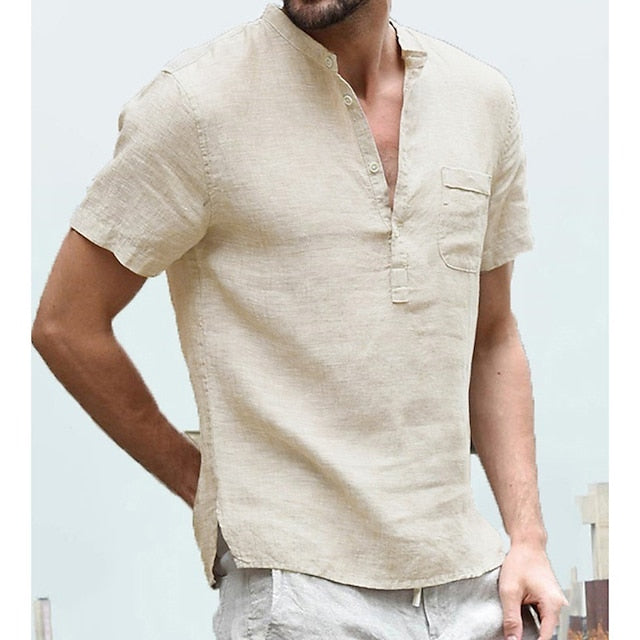 Men's Linen Shirt Shirt Summer Shirt Beach Shirt Light Blue Almond Black Short Sleeve Solid Color Collar Street Hawaiian Clothing Apparel