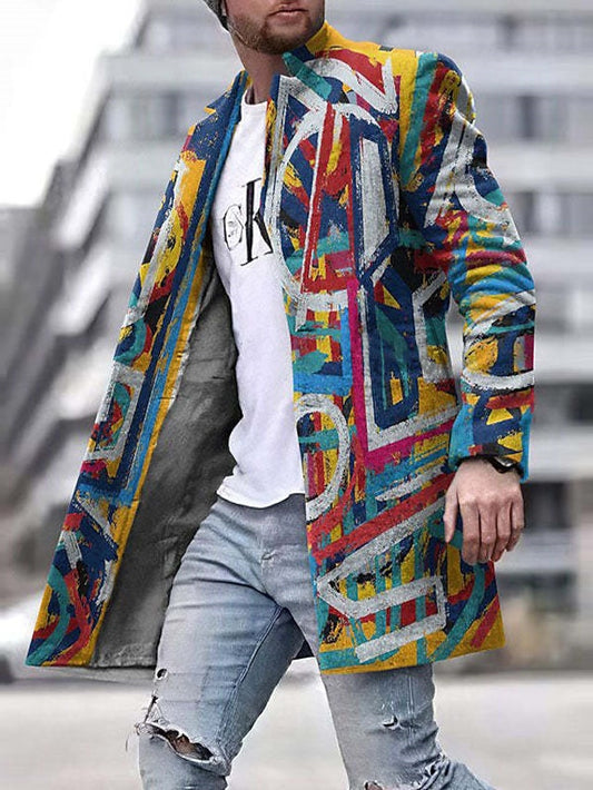 Men's Coat Daily Wear Vacation With Pockets Front Pocket Print Fall & Winter Graphic Gradient Ramp Streetwear Sport Turndown Regular Regular Fit Black Red Brown Green Rainbow Jacket