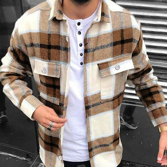 Men's Shirt Flannel Shirt Shirt Jacket Shacket Blue Green Khaki Long Sleeve Plaid / Check Turndown Spring &  Fall Street Daily Clothing Apparel Button-Down