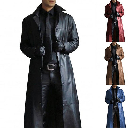 Men's Winter Coat Faux Leather Jacket Party Business Winter Fall Faux Leather Windproof Warm Outerwear Clothing Apparel Artistic / Retro Cosplay Pure Color Pocket Turndown Single Breasted