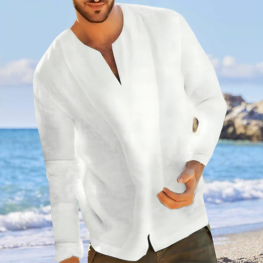 Men's Shirt Linen Shirt Summer Shirt Beach Shirt Light Blue Black White Long Sleeve Solid Color Collar Summer Spring Street Hawaiian Clothing Apparel