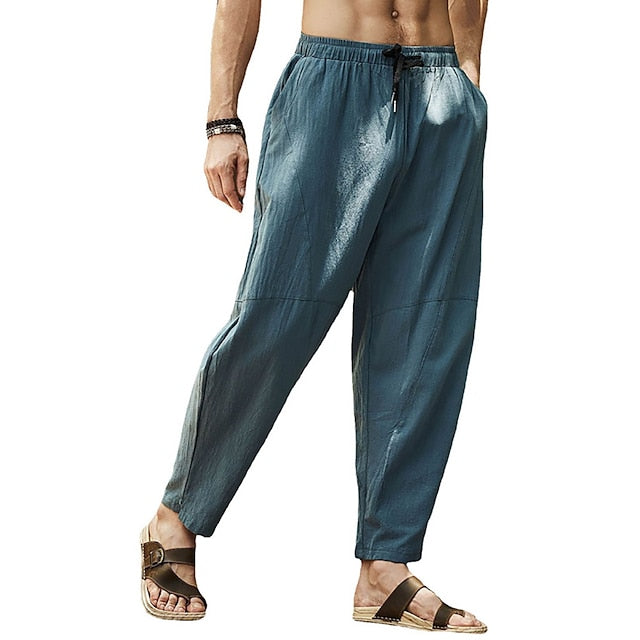 Men's Linen Pants Summer Pants Pocket Drawstring Plain Casual Daily Yoga Cotton Blend Basic Classic Black White