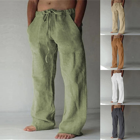 Men's Linen Pants Trousers Summer Pants Baggy Beach Pants Drawstring Front Pocket Straight Leg Plain Comfort Soft Full Length Holiday Beach Yoga Linen / Cotton Blend Fashion Hawaiian Black White