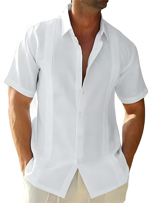 Men's Guayabera Shirt Linen Shirt Summer Shirt Beach Shirt Black White Blue Short Sleeve Plain Turndown Spring & Summer Street Daily Clothing Apparel Button-Down