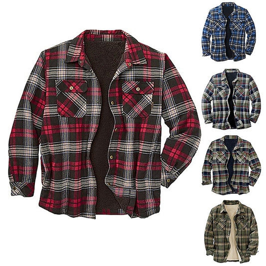 Men's Fleece Shirt Shirt Jacket Shacket Overshirt Flannel Jacket Black Wine Blue Plaid / Check Collar Home Christmas Clothing Apparel