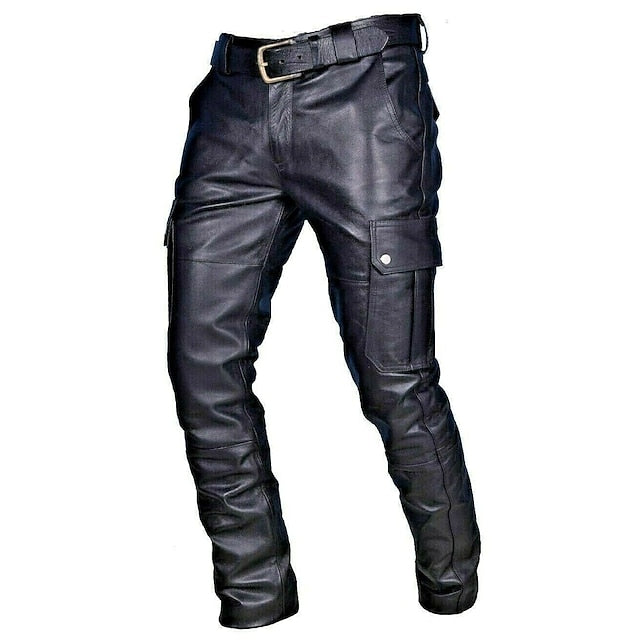 Men's Trousers Faux Leather Pants Casual Pants Multi Pocket Solid Color Streetwear PU Fashion Black Red