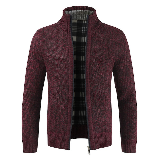 Men's Sweater Cardigan Sweater Zip Sweater Sweater Jacket Fleece Sweater Knit Solid Color Stand Collar Essential Casual Clothing Apparel Winter Black Burgundy S M L