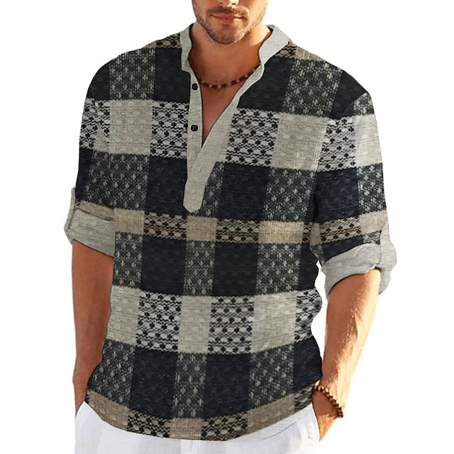 Men's Shirt Plaid / Check Patchwork Graphic Prints Geometry Stand Collar Khaki+Khaki Black White Yellow Light Green Outdoor Street Long Sleeve Print Clothing Apparel Fashion Streetwear Designer Casual