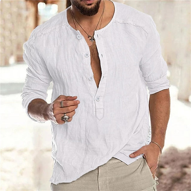 Men's Linen Shirt Shirt Summer Shirt Beach Shirt Black White Green Long Sleeve Solid Color Collar Summer Spring Outdoor Street Clothing Apparel Button-Down