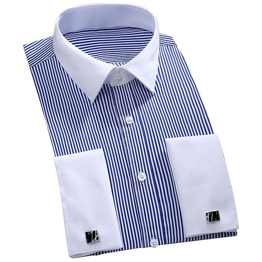 Men's Dress Shirt Black White Sky Blue Long Sleeve Striped Turndown Spring Fall Wedding Work Clothing Apparel