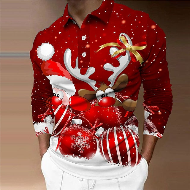 Men's Polo Shirt Golf Shirt Santa Claus Elk Snowflake Turndown Black Light Green Red Blue Dark Green 3D Print Street Casual Long Sleeve Zipper Print Clothing Apparel Fashion Designer Casual Breathable