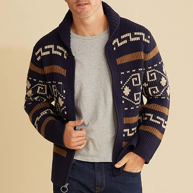 Men's Sweater Cardigan Knit Knitted Abstract Shirt Collar Stylish Vintage Style Daily Wear Clothing Apparel Fall Winter Navy Blue Khaki M L XL