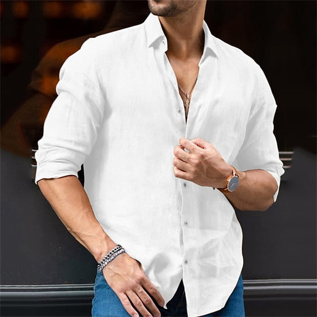 Men's Linen Shirt Shirt Summer Shirt Beach Shirt White Brown Light Blue Long Sleeve Plain Turndown Summer Spring Outdoor Street Clothing Apparel Button-Down