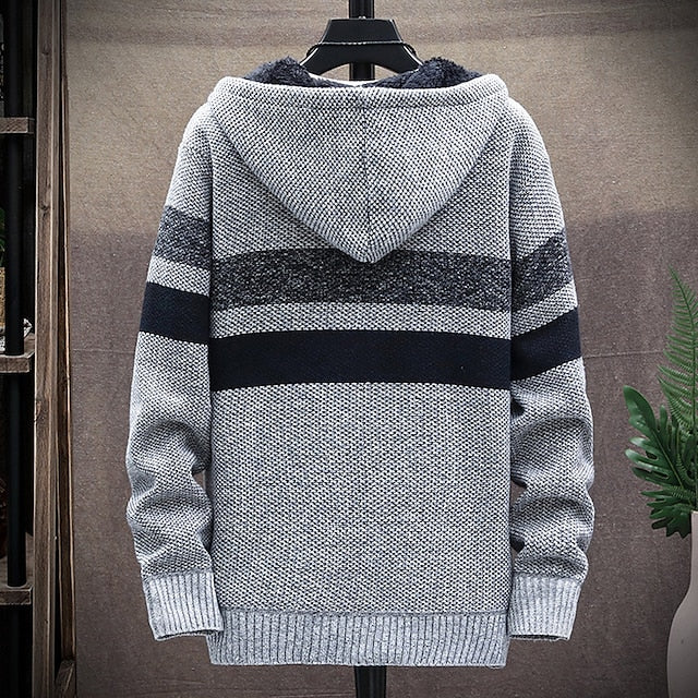 Men's Sweater Cardigan Sweater Hoodie Zip Sweater Sweater Jacket Knit Knitted Color Block Hooded Stylish Outdoor Home Clothing Apparel Winter Fall Blue Wine M L XL