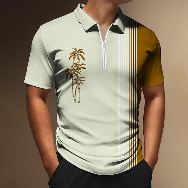 Men's Zip Polo Polo Shirt Golf Shirt Coconut Tree Striped Graphic Prints Geometry Turndown Black White Yellow Army Green Red Outdoor Street Short Sleeves Zipper Print Clothing Apparel Fashion