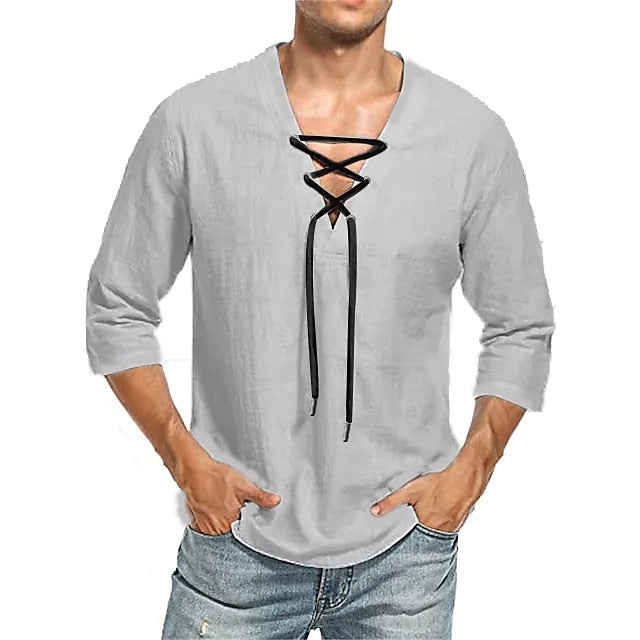 Men's Linen Shirt Shirt Summer Shirt Beach Shirt Black White Yellow 3/4 Length Sleeve Solid Color V Neck Summer Spring &  Fall Party Outdoor Clothing Apparel Button-Down