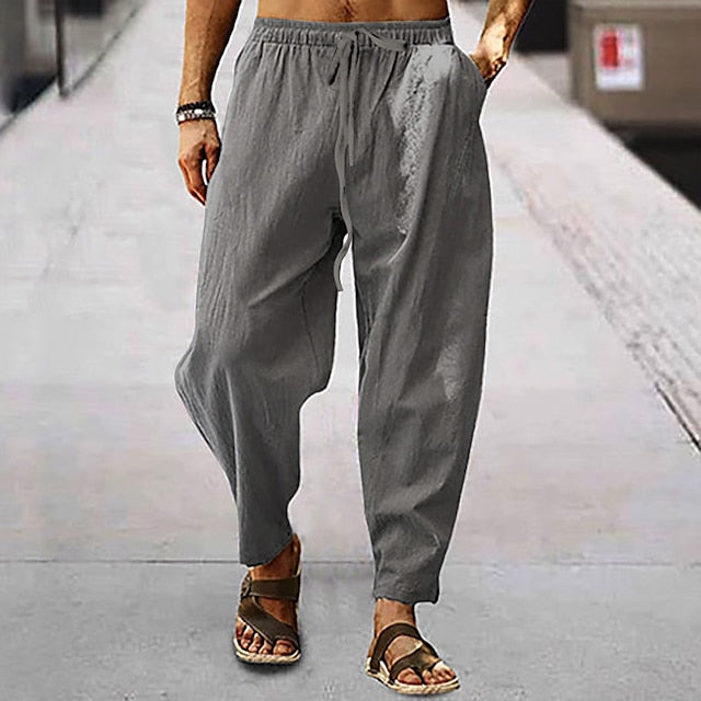 Men's Linen Pants Trousers Summer Pants Pocket Plain Comfort Breathable Outdoor Daily Going out Linen / Cotton Blend Fashion Casual Black White