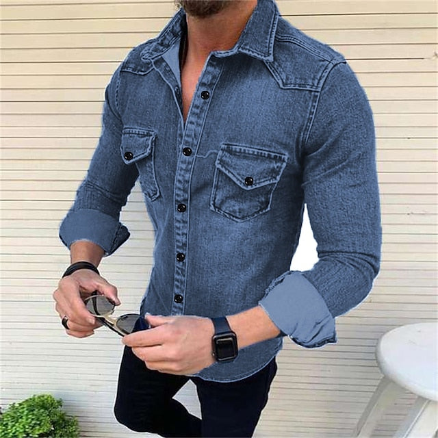 Men's Denim Shirt Black Royal Blue Blue Long Sleeve Solid Color Collar Spring &  Fall Street Daily Clothing Apparel Button-Down