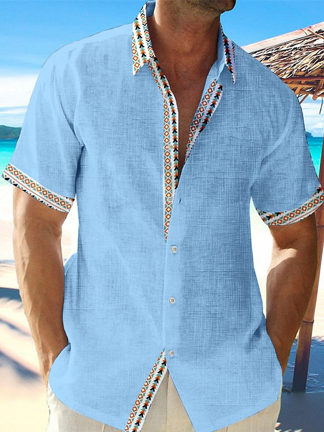 Men's Shirt Linen Shirt Casual Shirt Summer Shirt Beach Shirt White Pink Blue Short Sleeve Geometric Turndown Summer Casual Daily Clothing Apparel